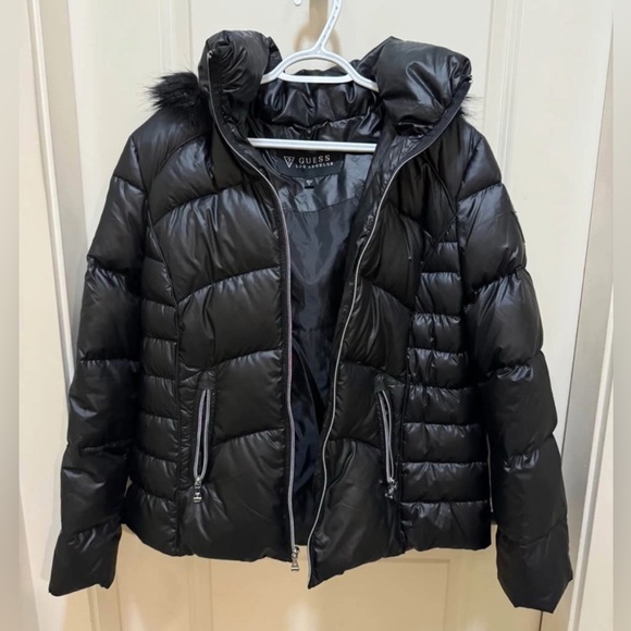 GUESS Black Shiny Puffer With Faux Fur Hoodie Ladies Size XL - Picture 2 of 12